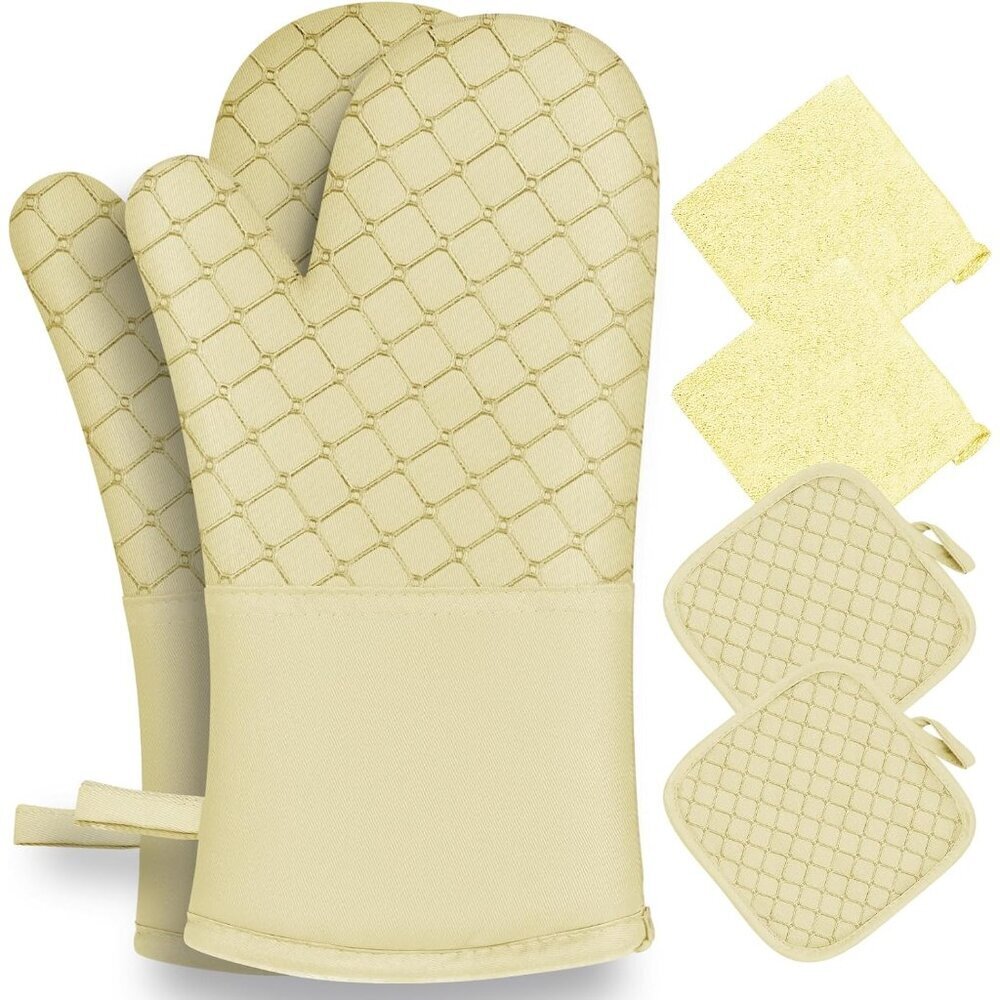 Heat-Resistant Oven Mitts & Pot Holders 6-Piece Set Beige